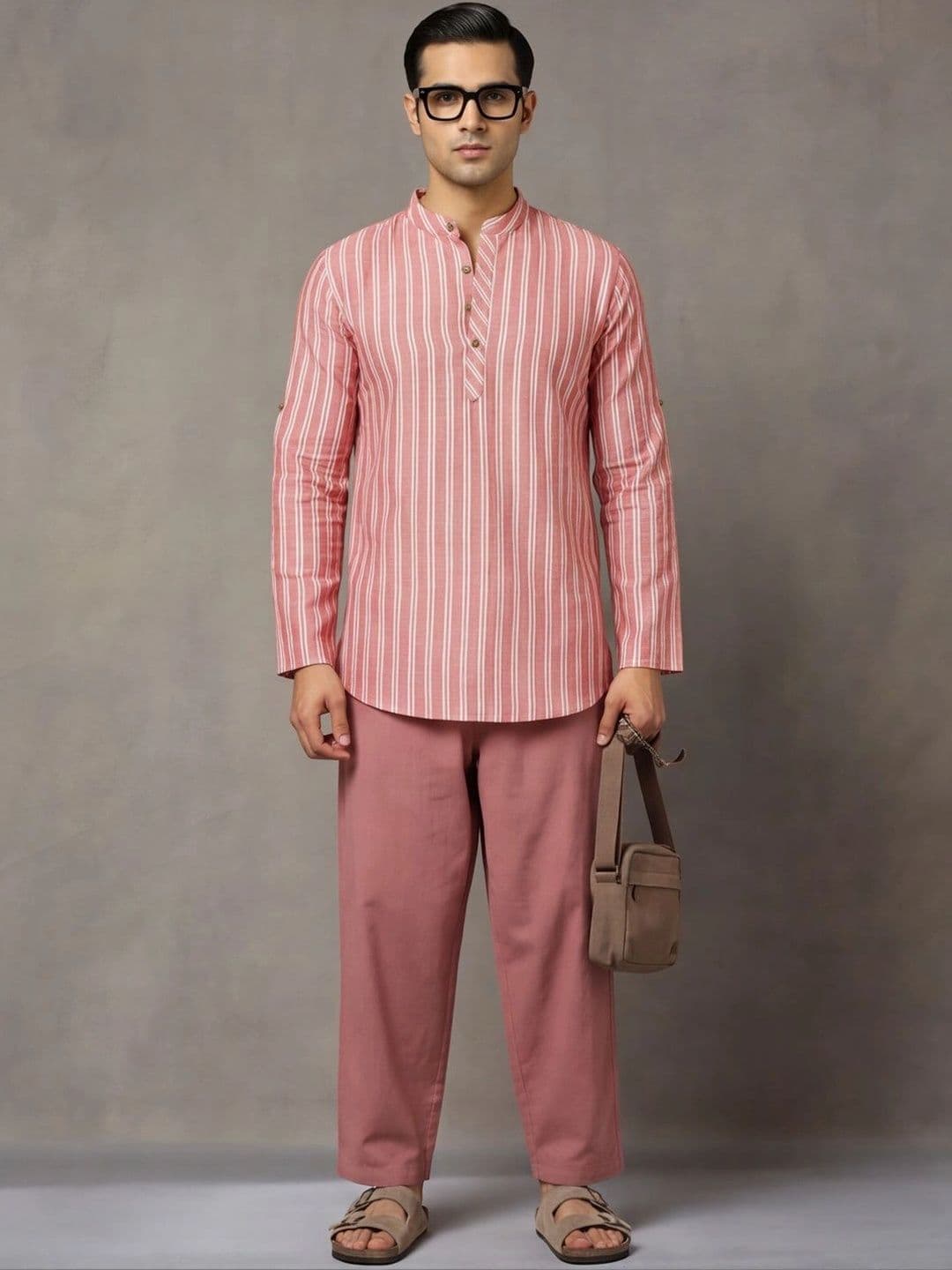 Navibhu Woven Design Striped Cotton Handloom Mandarin Collar Short Kurta - view 1