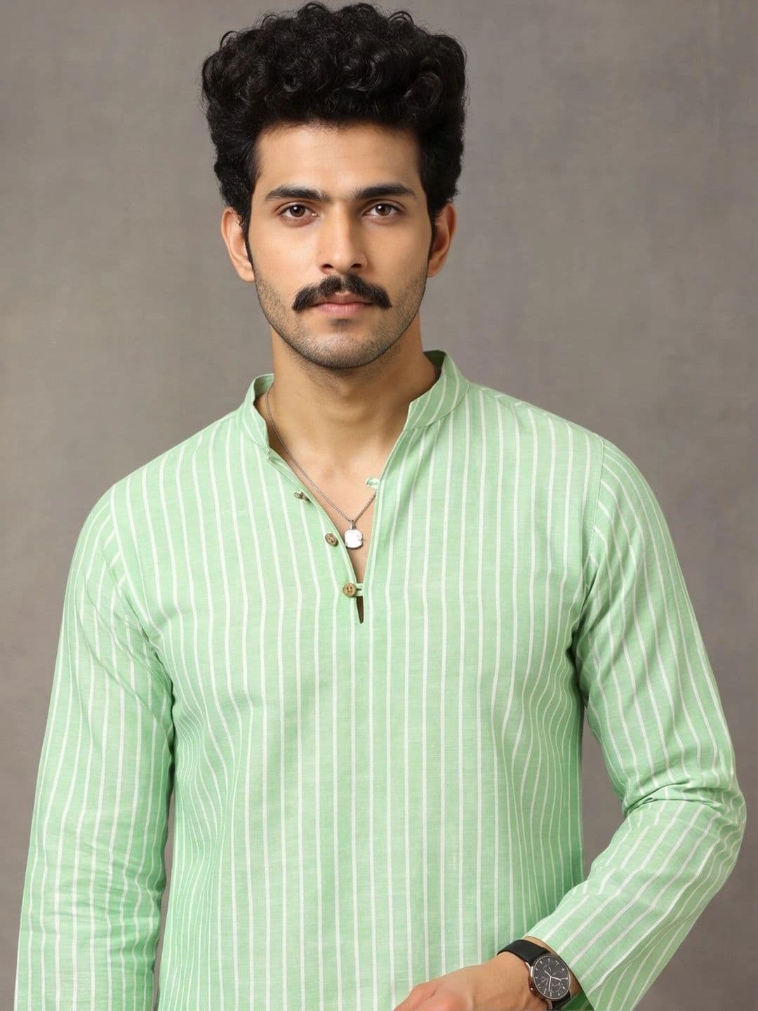 Navibhu Woven Design Striped Cotton Handloom Mandarin Collar Short Kurta thumbnail 2