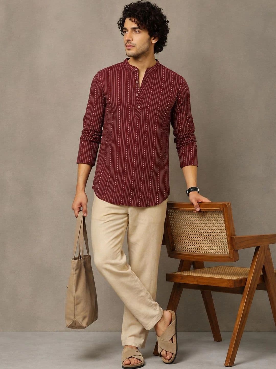 Navibhu Woven Design Abstract Cotton Handloom Mandarin Collar Short Kurta - view 1