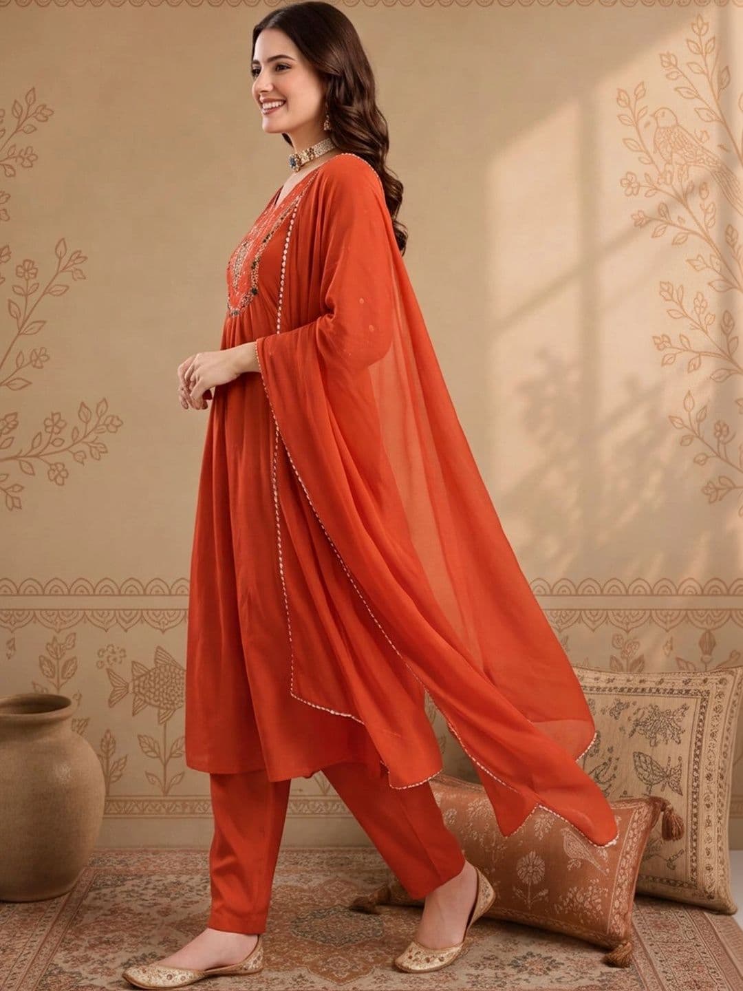 Anouk Women Ethnic Motifs Embroidered Empire Thread Work Kurta with Trousers & With Dupatta thumbnail 6