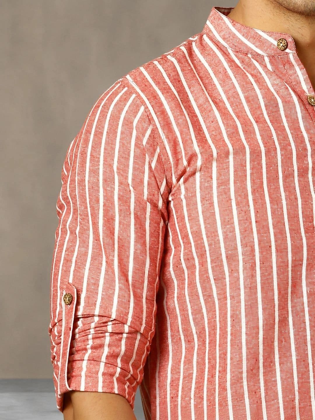 Navibhu Woven Design Striped Cotton Handloom Mandarin Collar Short Kurta thumbnail 3