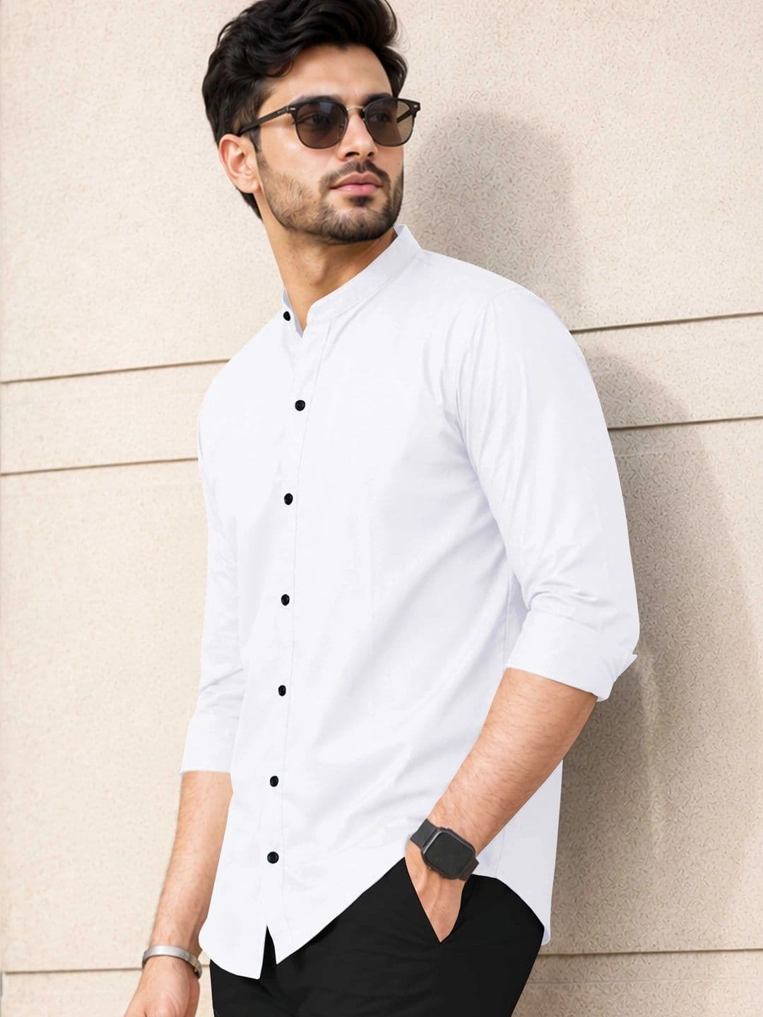 VeBNoR Men Standard Fit Solid Mandarin Collar Casual Shirt thumbnail 2