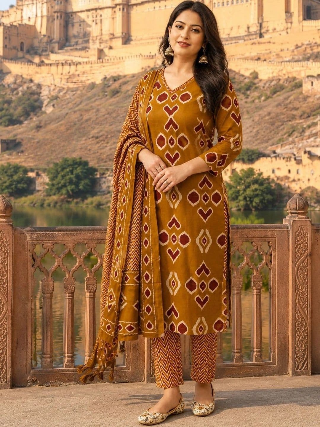 Fabinn Women Ethnic Motifs Printed Regular Pure Cotton Kurta with Trousers & With Dupatta thumbnail 5
