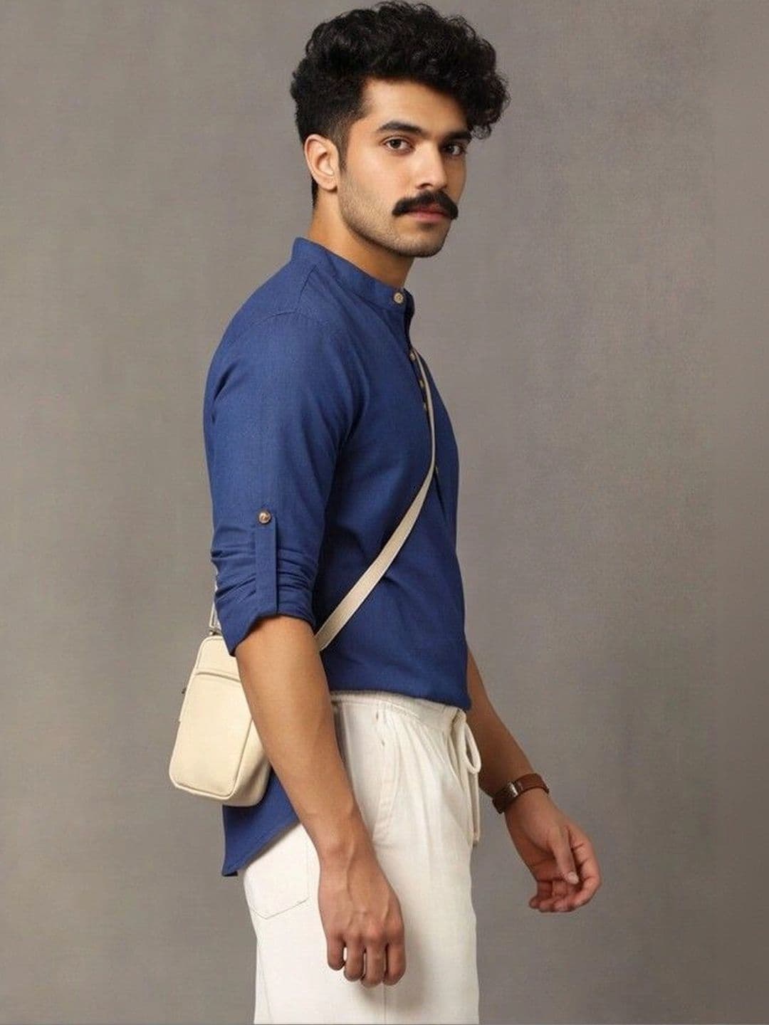 Navibhu Woven Design Solid Cotton Handloom Mandarin Collar Short Kurta thumbnail 7
