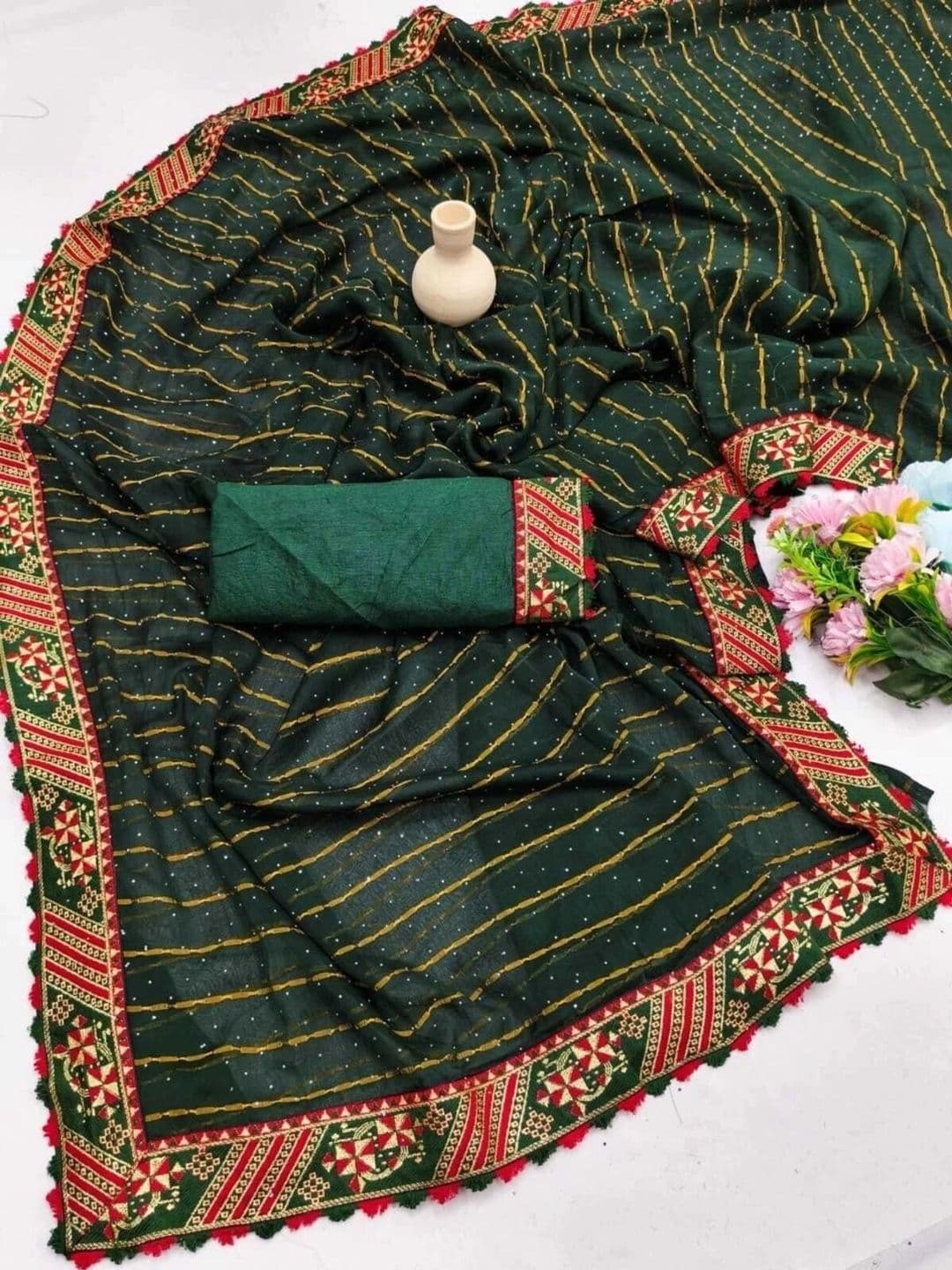 RENBRIZA Leheriya Embroidered Poly Georgette Saree thumbnail 2