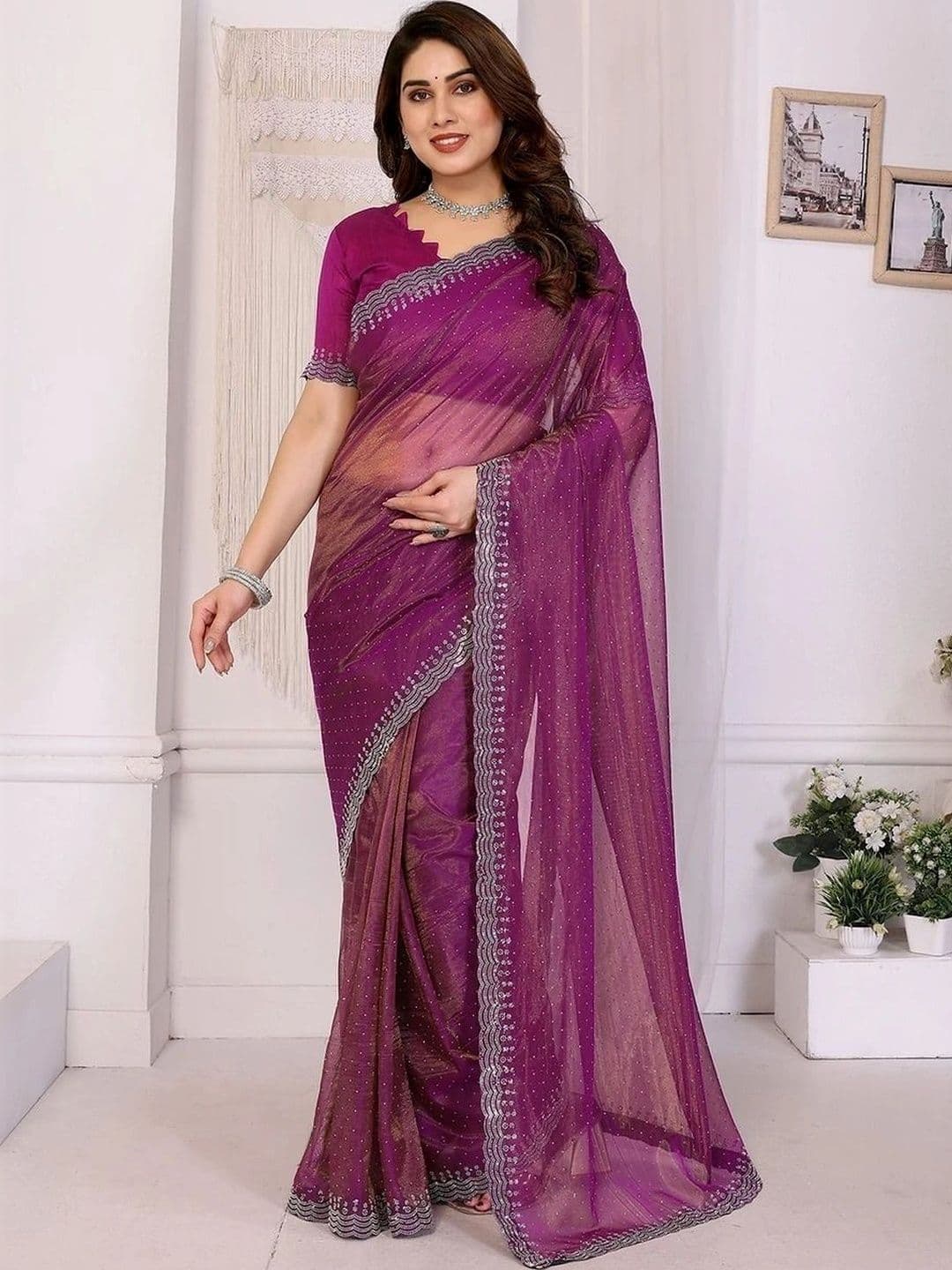 RENBRIZA Embellished Net Saree - view 1