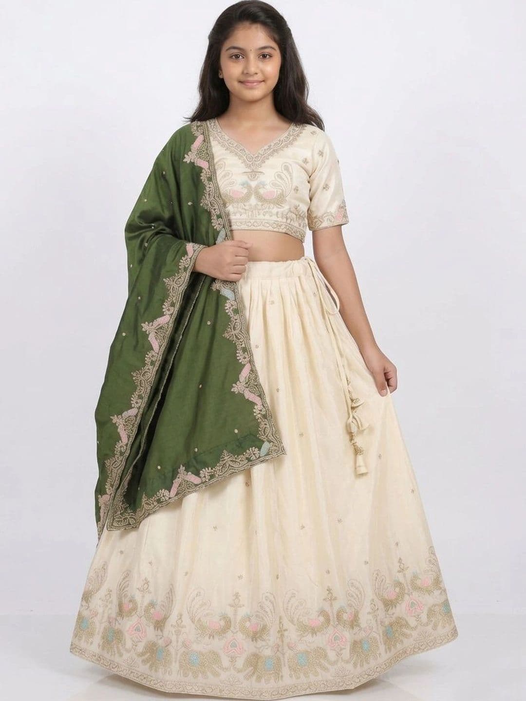 Closin Girls Embroidered Thread Work Ready to Wear Lehenga & Unstitched Blouse With Dupatta - view 1