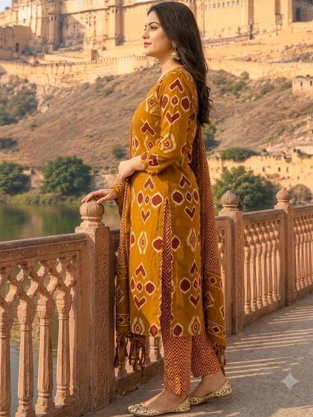 Fabinn Women Ethnic Motifs Printed Regular Pure Cotton Kurta with Trousers & With Dupatta thumbnail 3