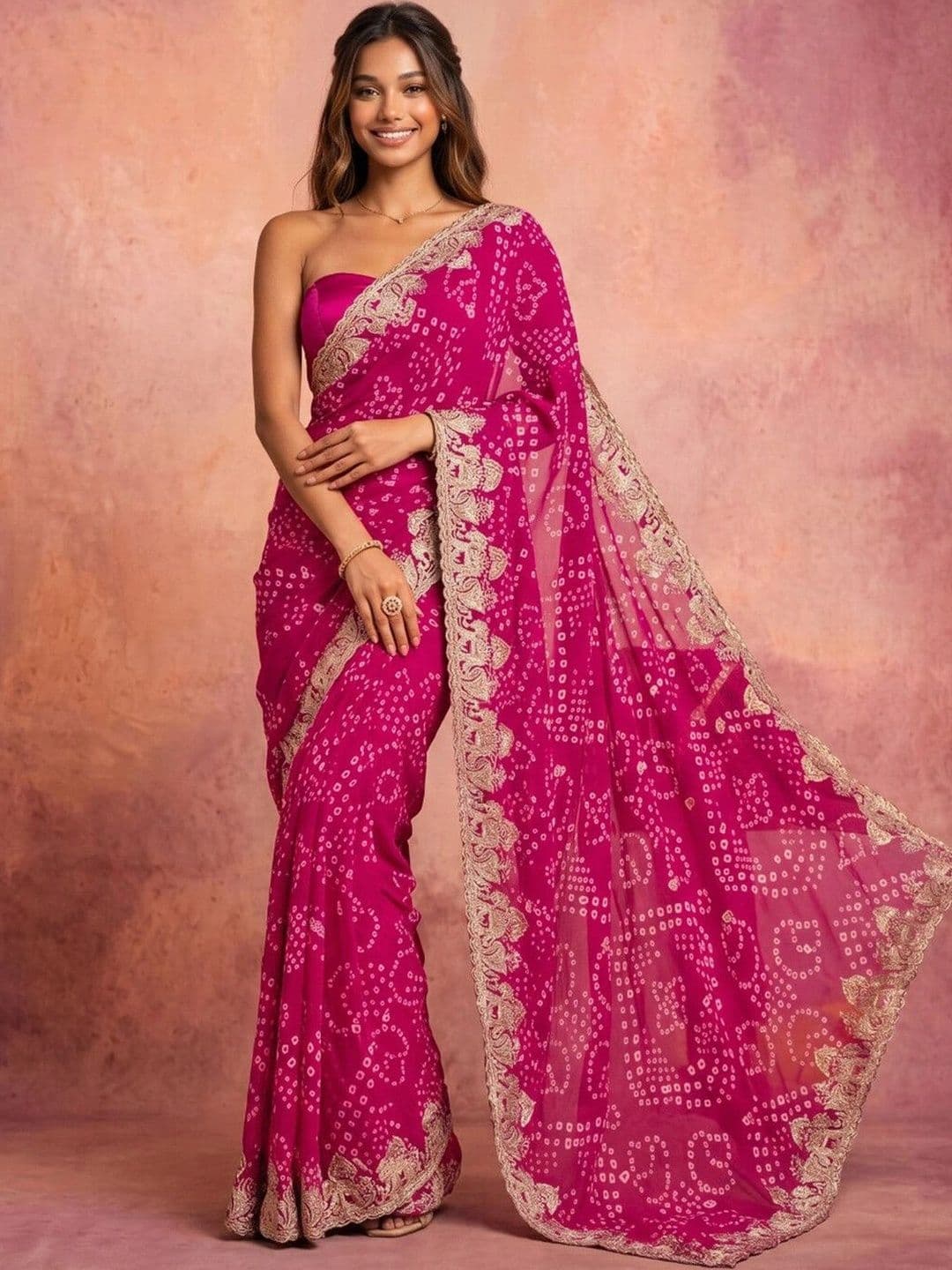 DRIP CHOWK Bandhani Embroidered Pure Georgette Fusion Bandhani Saree - view 1