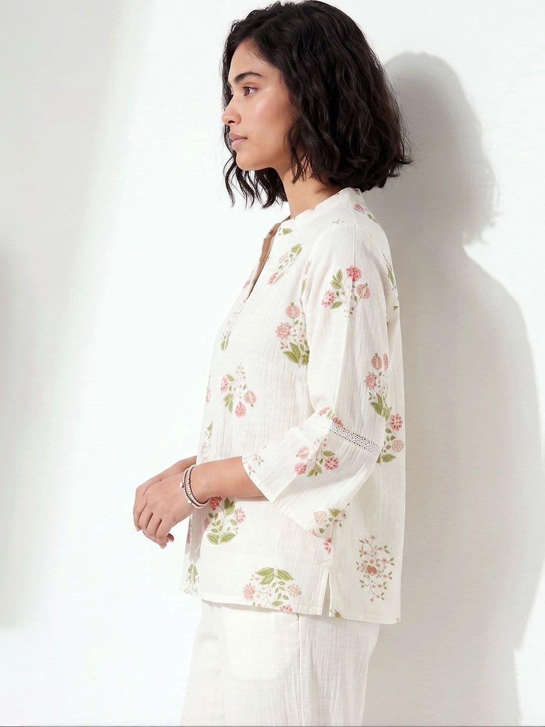 Colour Me by Melange Floral Print Flared Sleeve Cotton Blend Top thumbnail 2