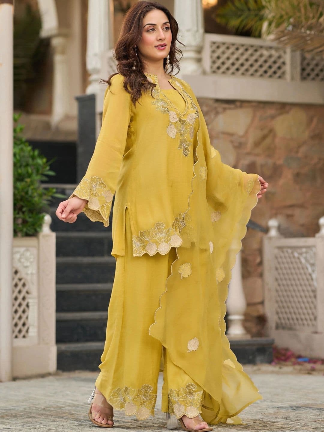 HERE&NOW Women Ethnic Motifs Embroidered Regular Thread Work Kurta with Palazzos & With Dupatta thumbnail 6