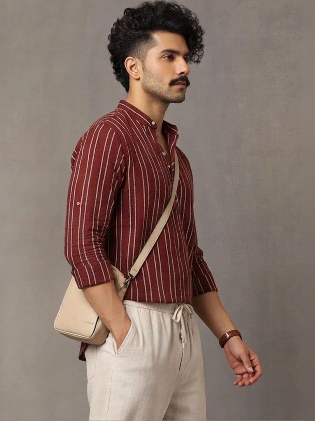 Navibhu Woven Design Striped Cotton Handloom Mandarin Collar Short Kurta thumbnail 7