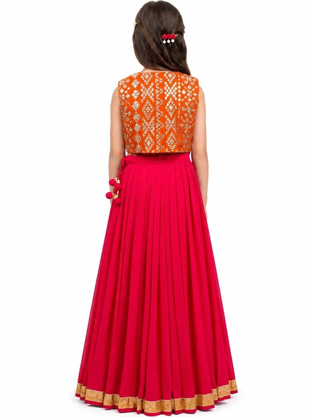 PICCOLO Girls  Mul Chanderi Choli, Lehenga & Mirror-Work Kachli Set-Red thumbnail 3