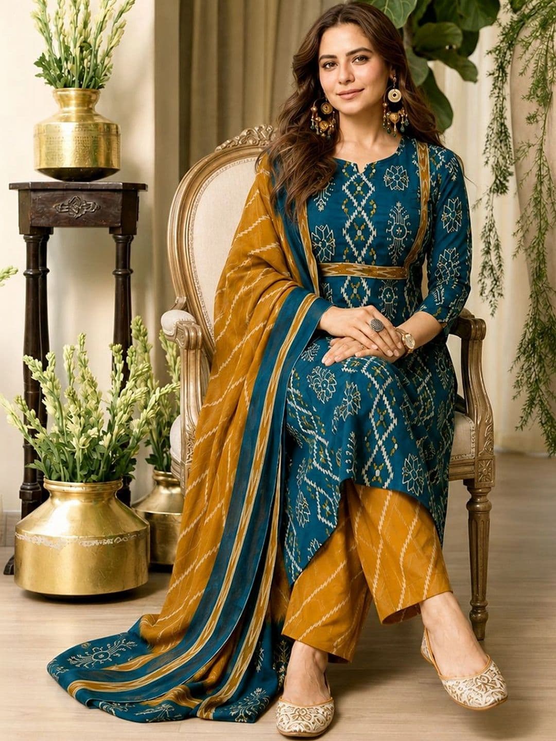GoSriKi Women Ethnic Motifs Printed Regular Kurta with Palazzos & With Dupatta thumbnail 2