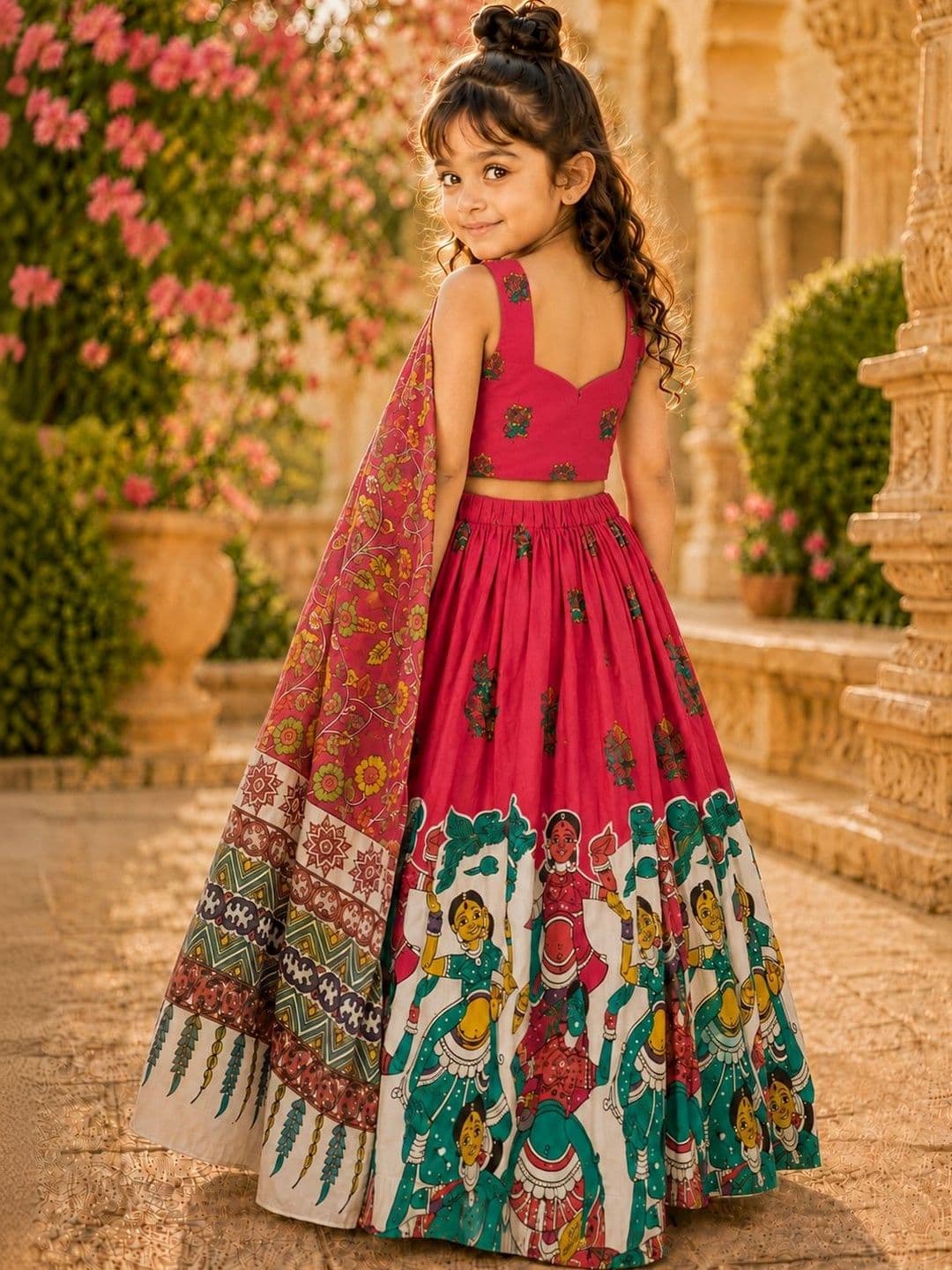 Sangria Girls Printed Kalamkari Ready to Wear Lehenga & Blouse With Dupatta thumbnail 2