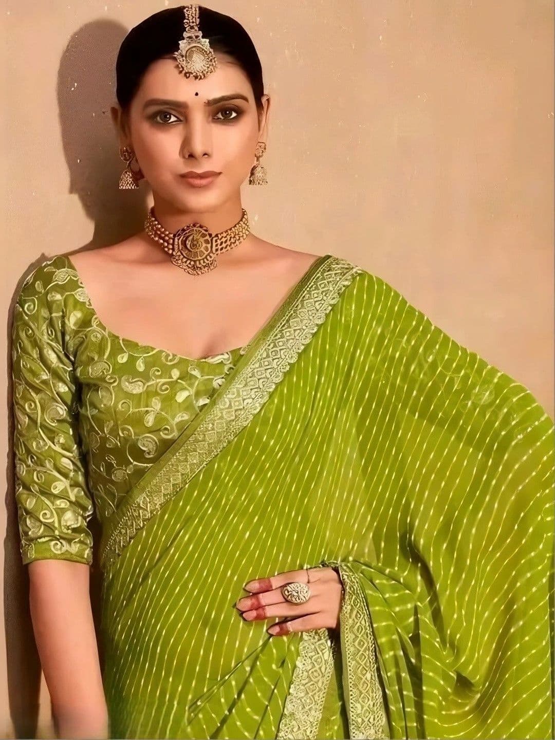 RENBRIZA Leheriya Embroidered Poly Georgette Saree - view 1