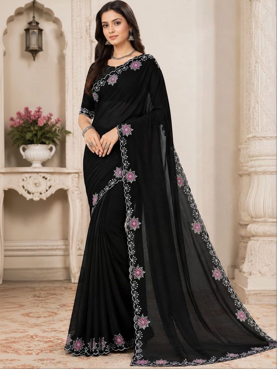 RENBRIZA Embroidered Poly Georgette Saree - view 1