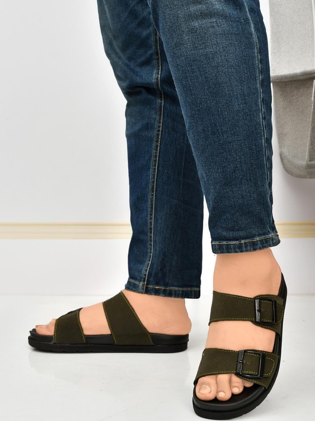 G L Trend Olive Leather Double-Strap Slip-On Water-Resistant  Sandals thumbnail 6