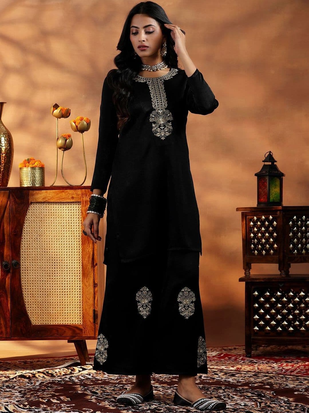 Libas Floral Velvet Embroidered Tunic with Palazzos thumbnail 6
