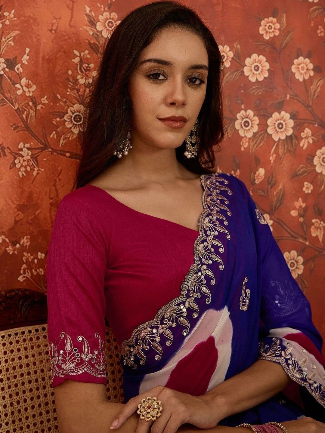 KALINI Tie and Dye Embroidered Pure Georgette Fusion Saree thumbnail 3