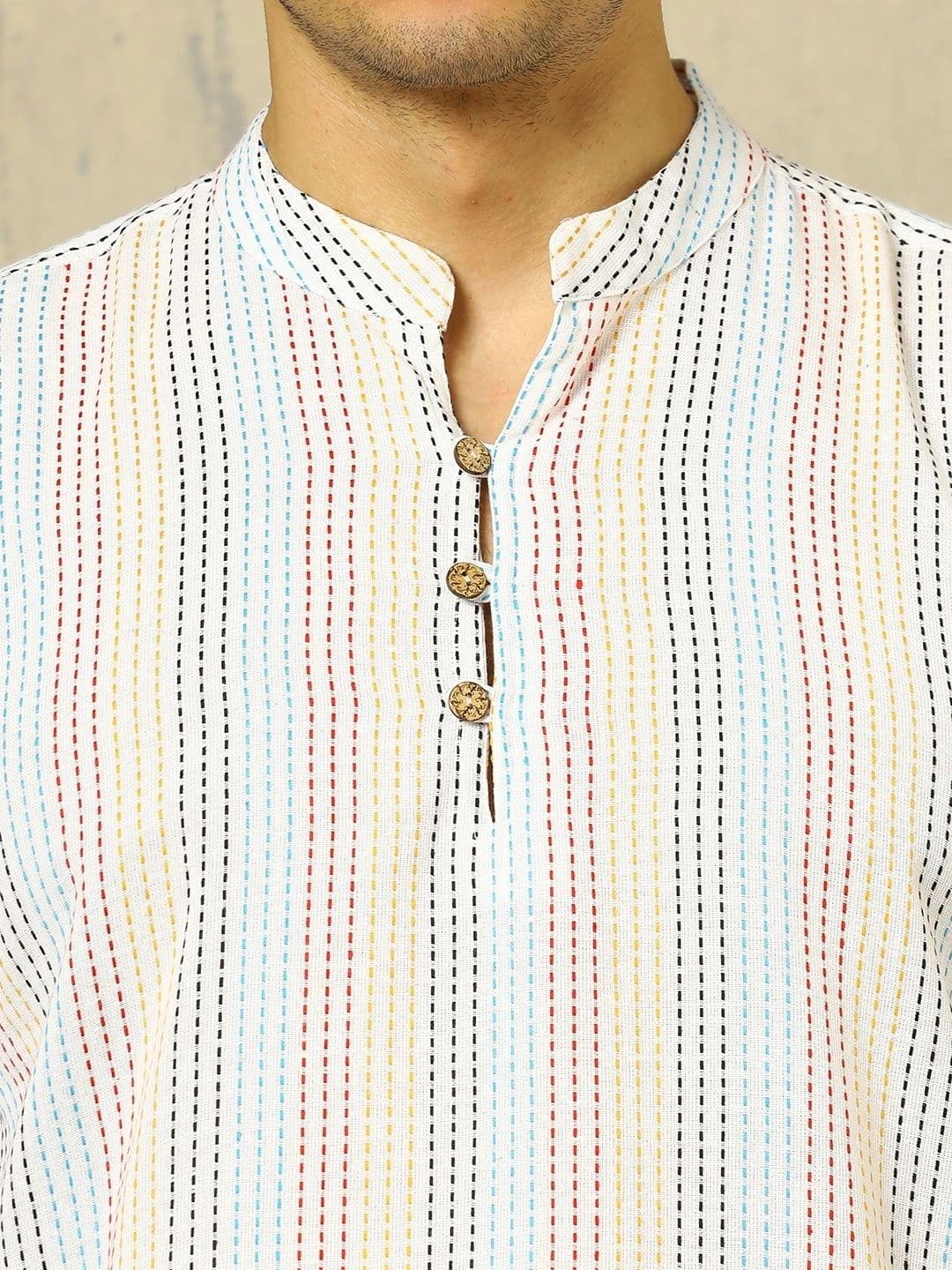 Navibhu Woven Design Striped Cotton Handloom Mandarin Collar Short Kurta thumbnail 5