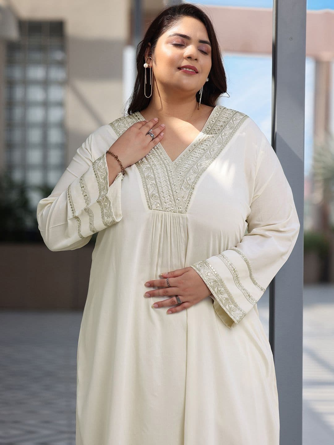 EXTRA LOVE BY LIBAS Plus Size Floral Yoke Design V-Neck A-Line Kurta & Palazzos thumbnail 6