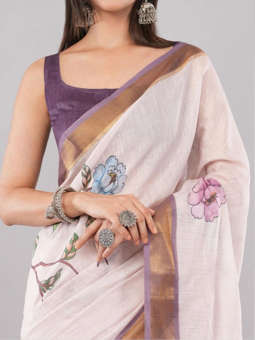 SAMANTHA Floral Zari Linen Blend Saree thumbnail 5