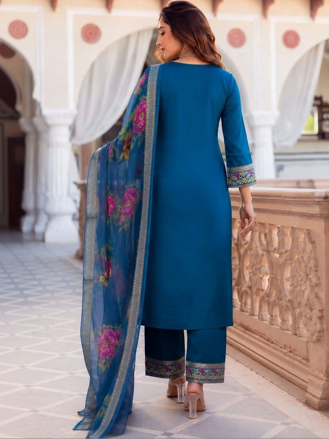 Veera Collection Women Ethnic Motifs Embroidered Regular Thread Work Kurta with Trousers & With Dupatta thumbnail 2