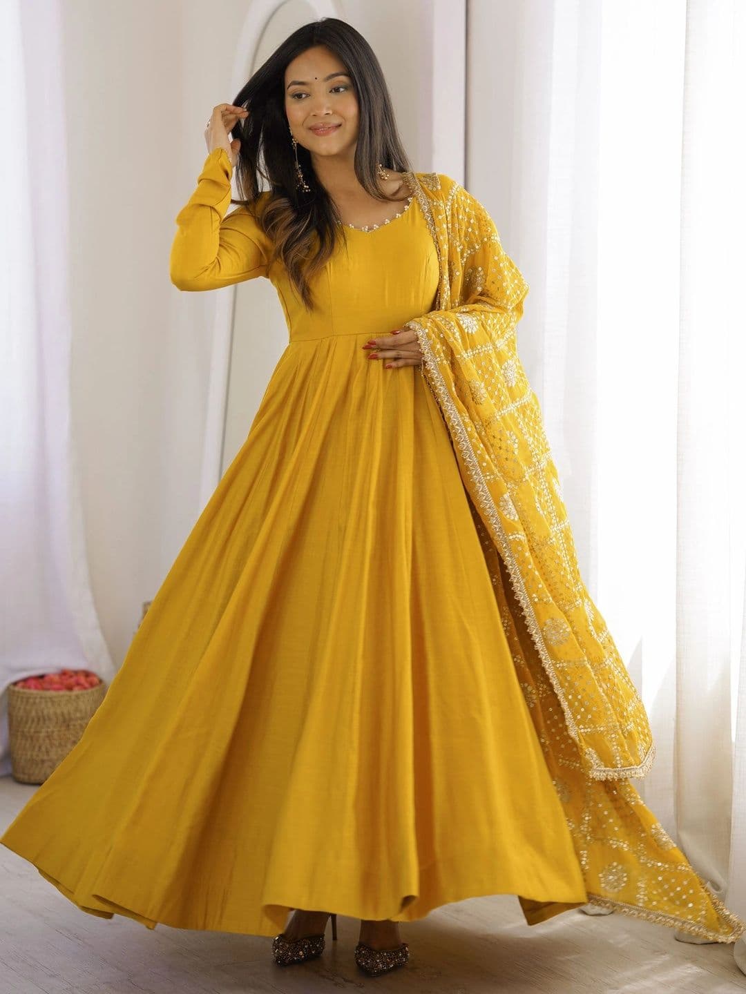 NORAFLEX Women Empire Chanderi Silk Kurta with Palazzos & With Dupatta thumbnail 3
