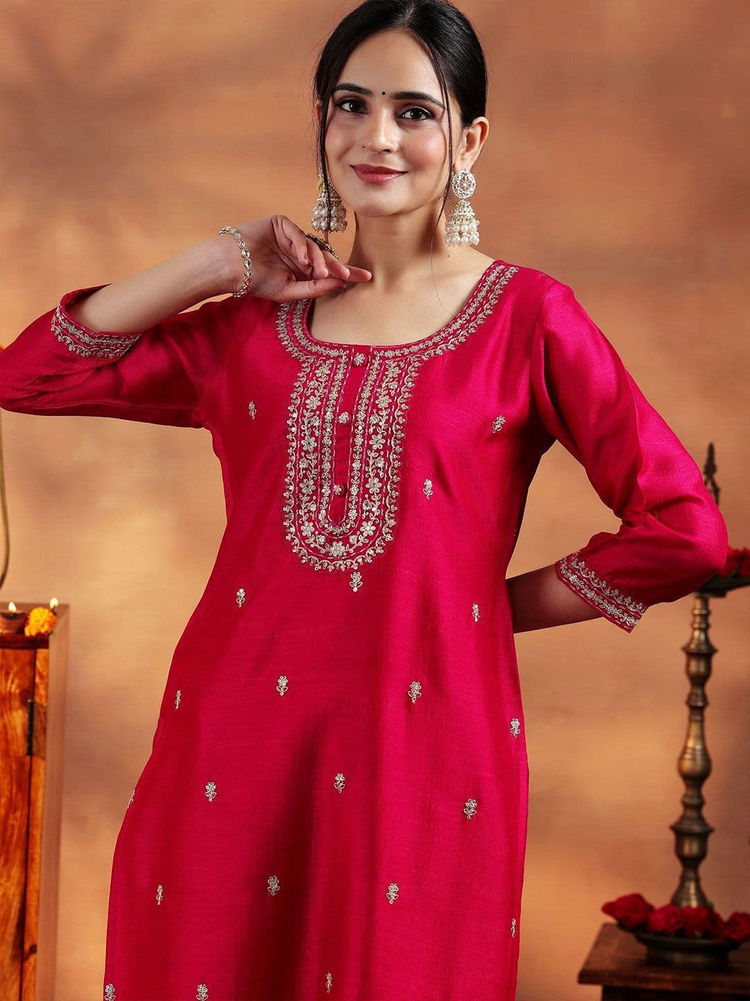 Libas Women Floral Embroidered Round Neck Zari Silk Kurta thumbnail 6