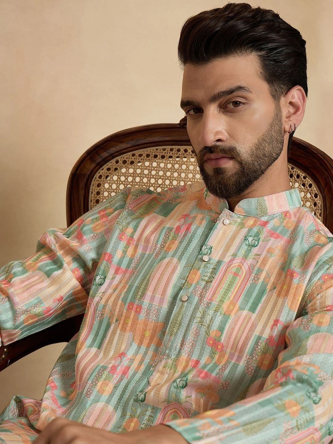 House of Pataudi Motifs Printed Mandarin Collar Knee Length Straight Kurta thumbnail 3