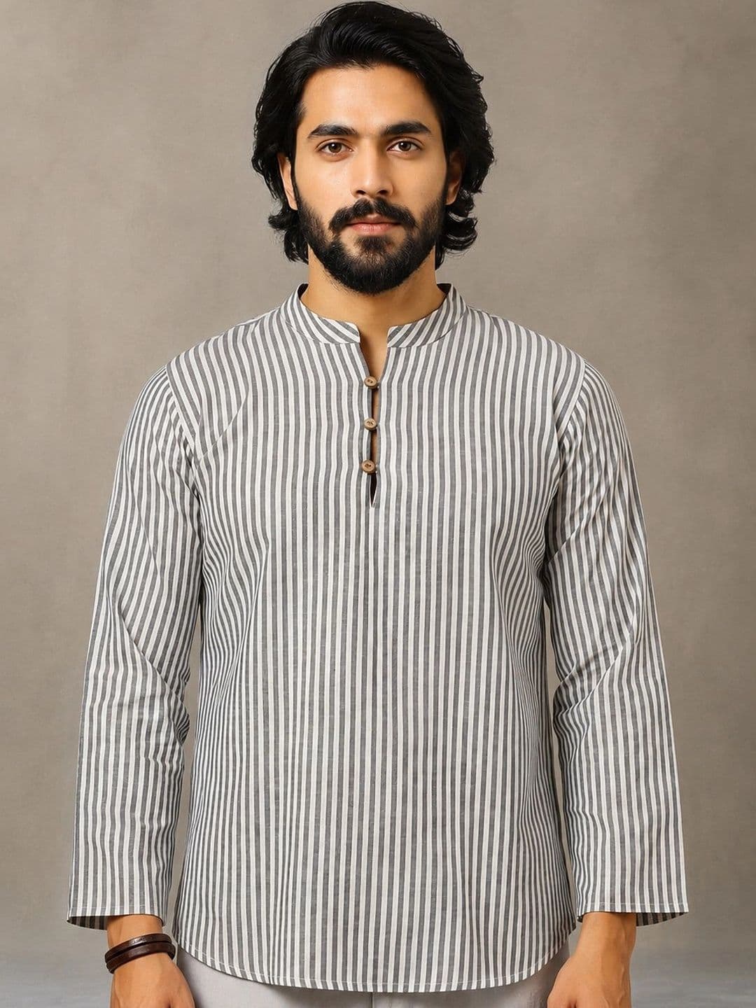 Navibhu Woven Design Striped Cotton Handloom Mandarin Collar Short Kurta thumbnail 5