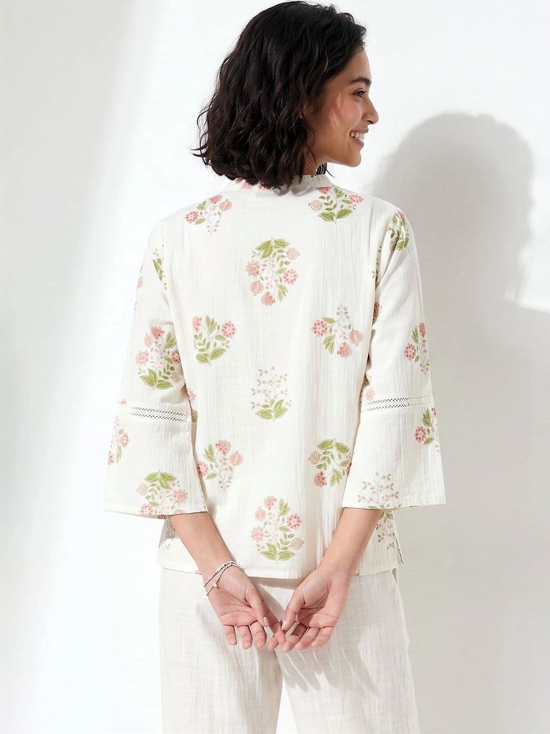 Colour Me by Melange Floral Print Flared Sleeve Cotton Blend Top thumbnail 5