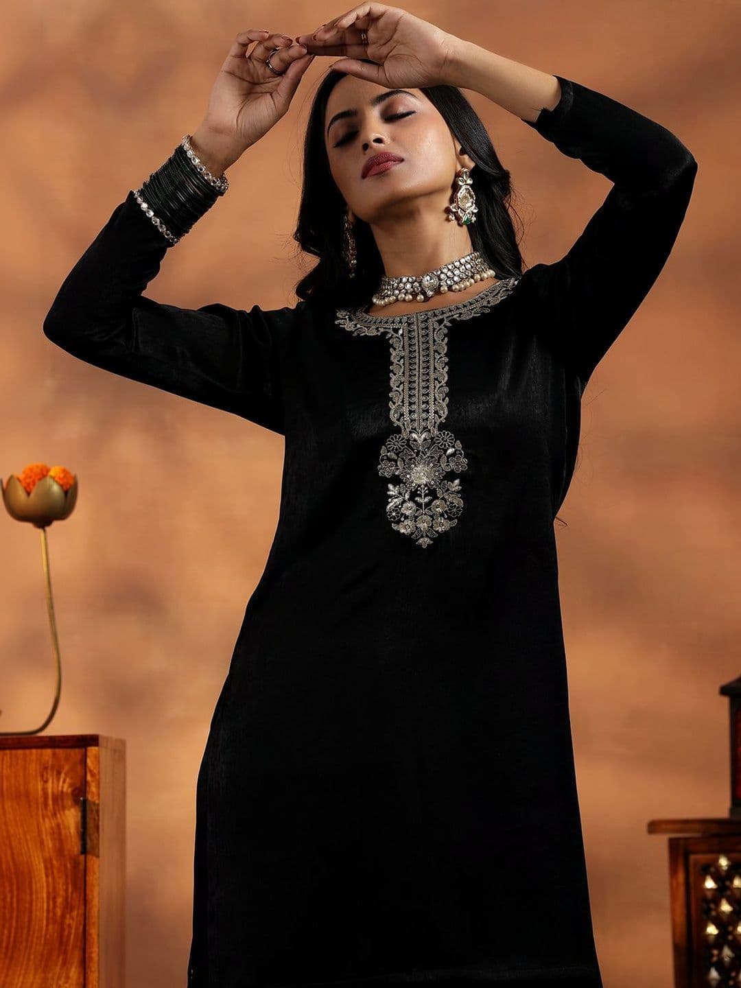 Libas Floral Velvet Embroidered Tunic with Palazzos thumbnail 2