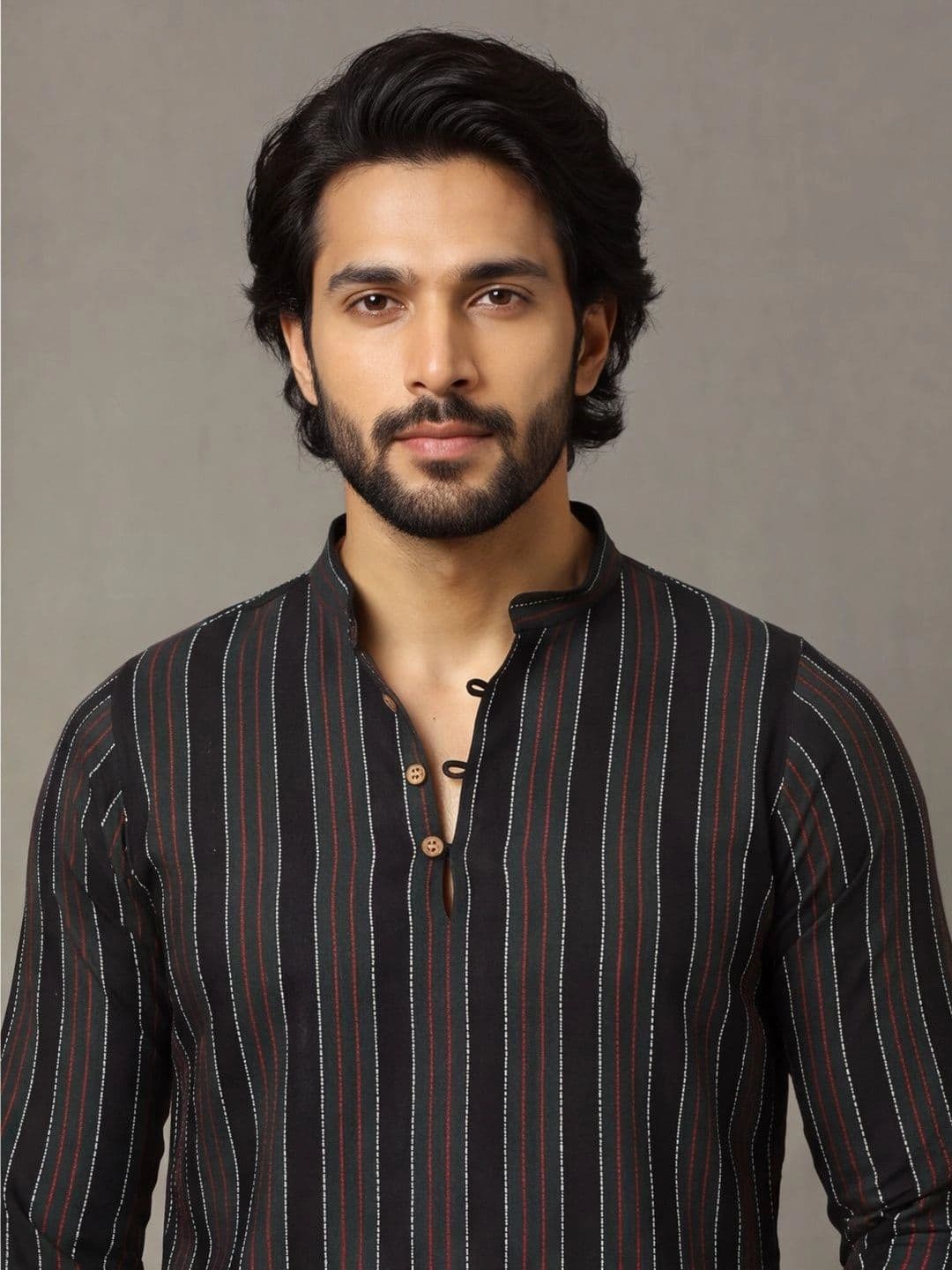 Navibhu Woven Design Striped Cotton Handloom Mandarin Collar Short Kurta thumbnail 5
