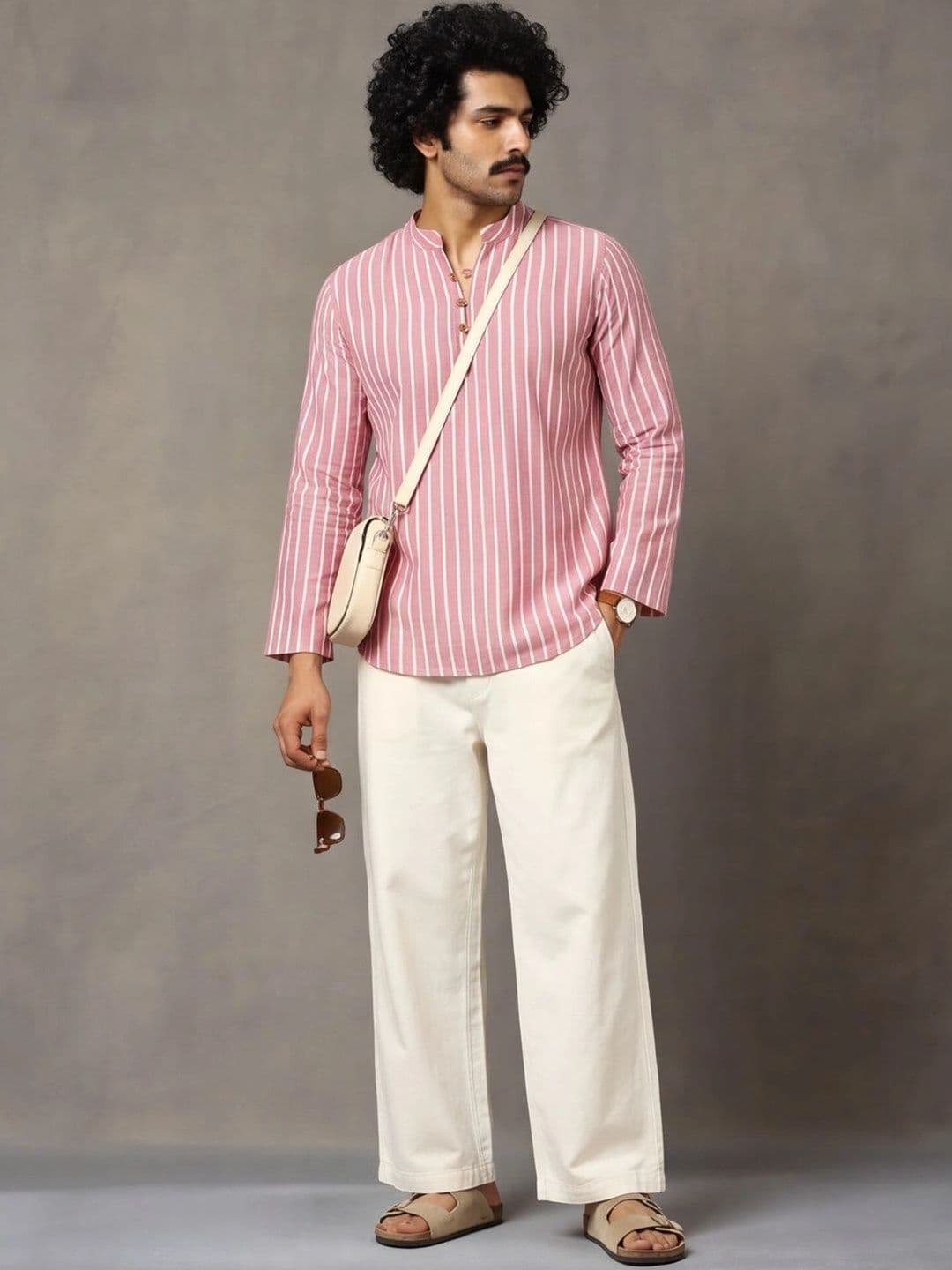 Navibhu Woven Design Striped Cotton Handloom Mandarin Collar Short Kurta - view 1