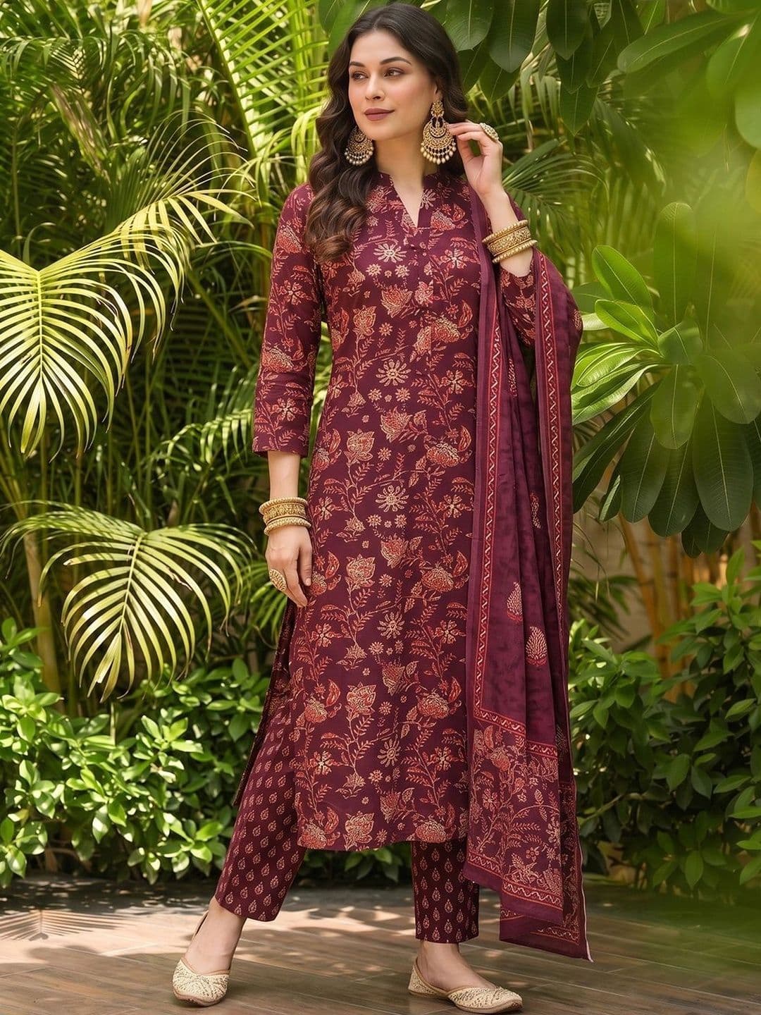 KALINI Floral Printed Mandarin Collar Straight Kurta With Trousers & Dupatta thumbnail 3