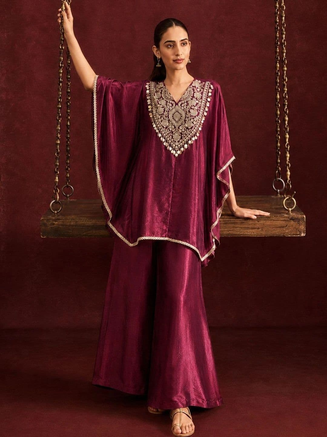 Colors  of Earth Colors of Earth Women Ethnic Motifs Embroidered Regular Mirror Work Pure Silk Kurti with Palazzos thumbnail 2