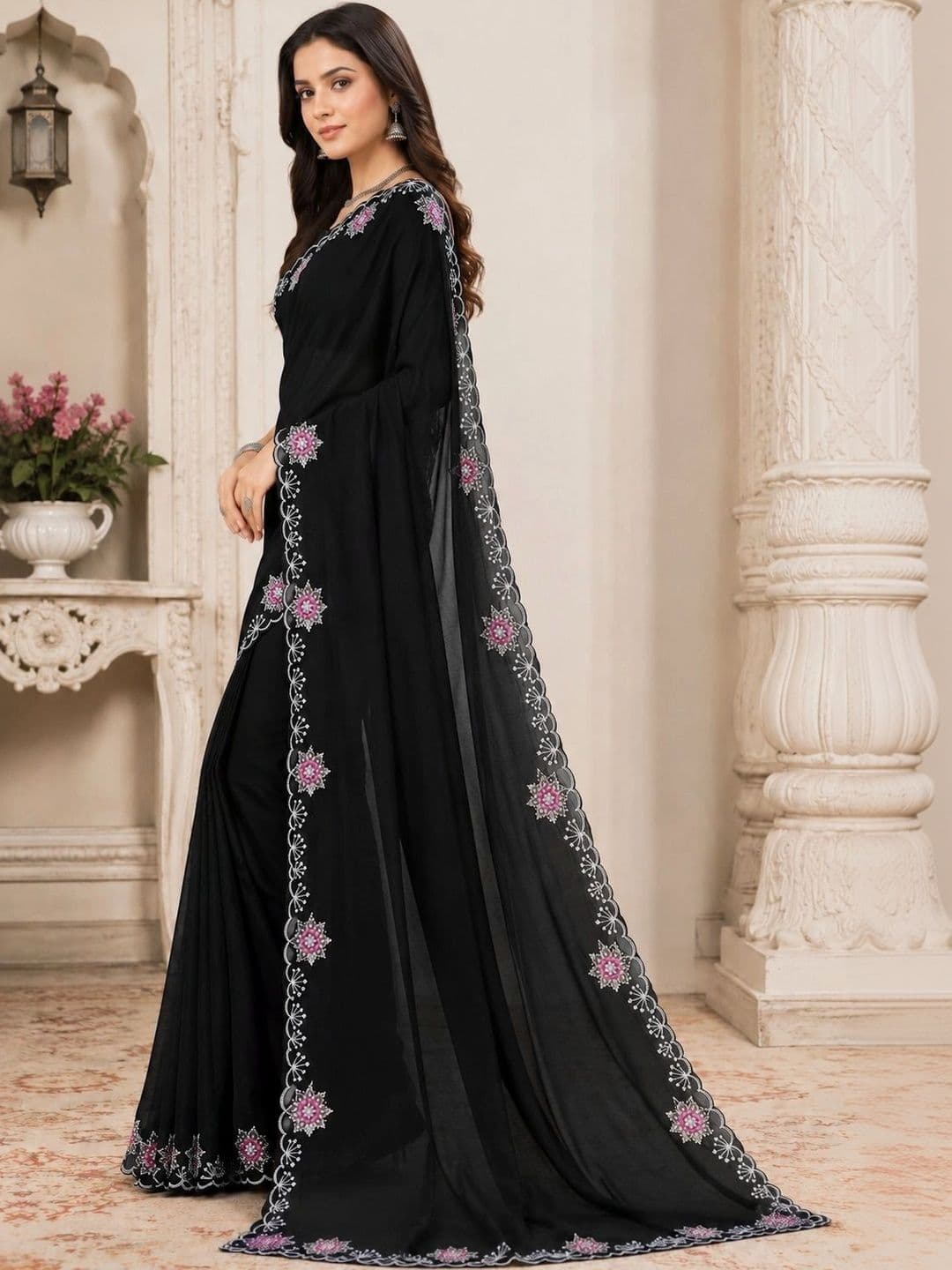 RENBRIZA Embroidered Poly Georgette Saree thumbnail 4