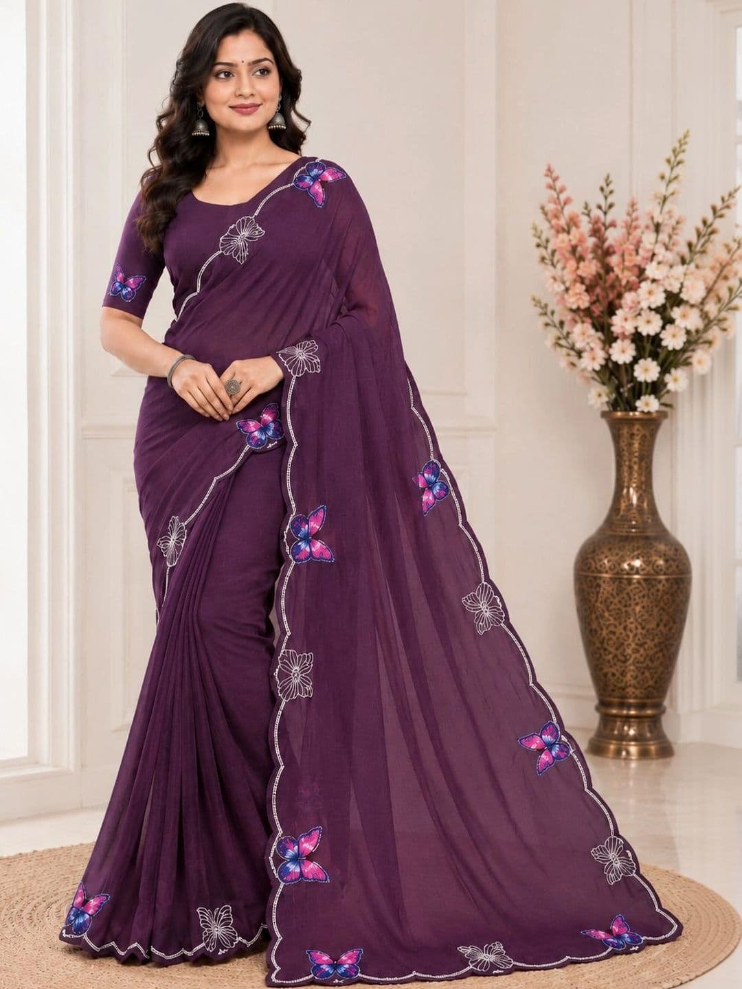 RENBRIZA Embroidered Poly Georgette Saree - view 1