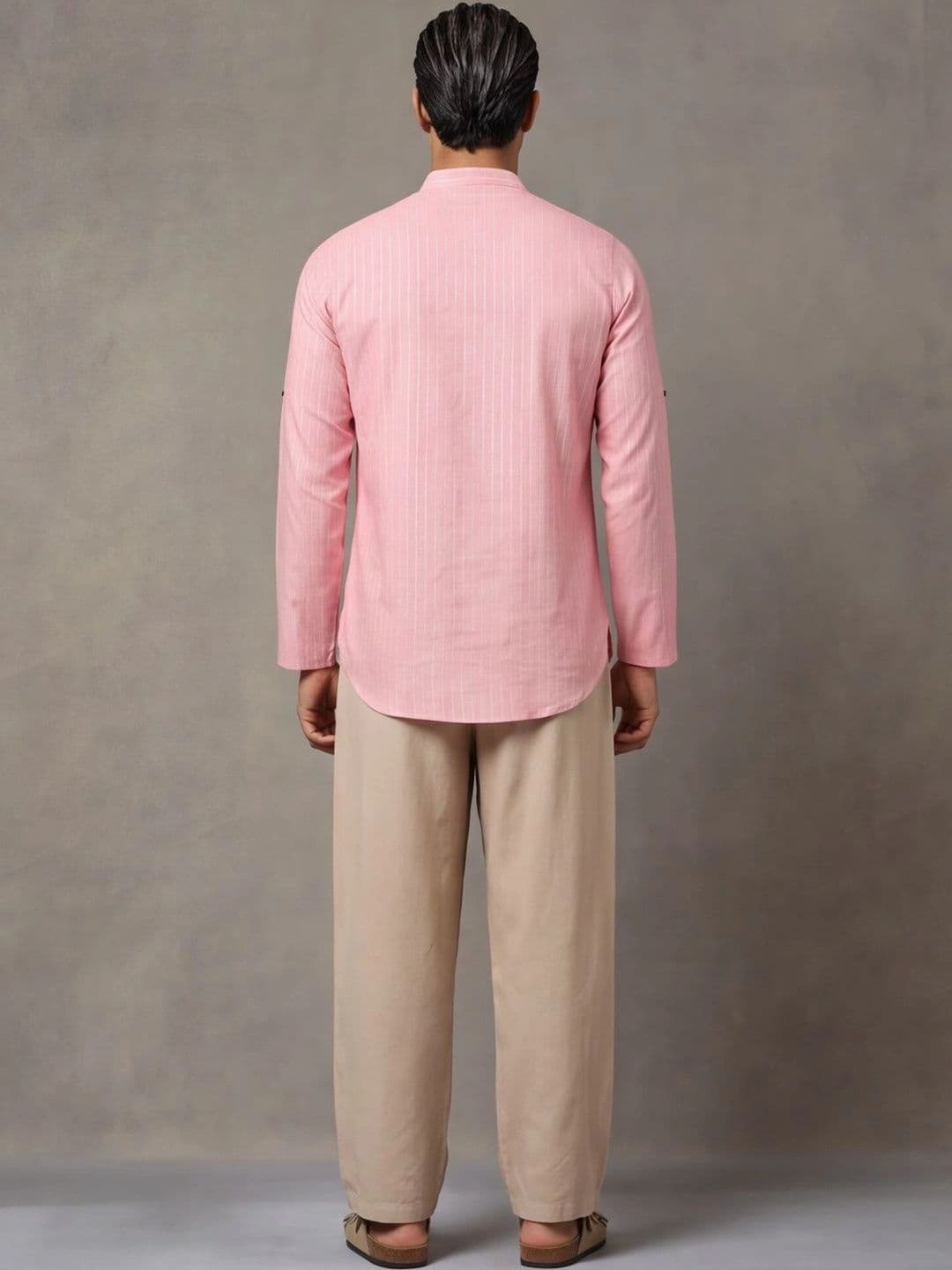 Navibhu Woven Design Solid Cotton Handloom Mandarin Collar Short Kurta thumbnail 3