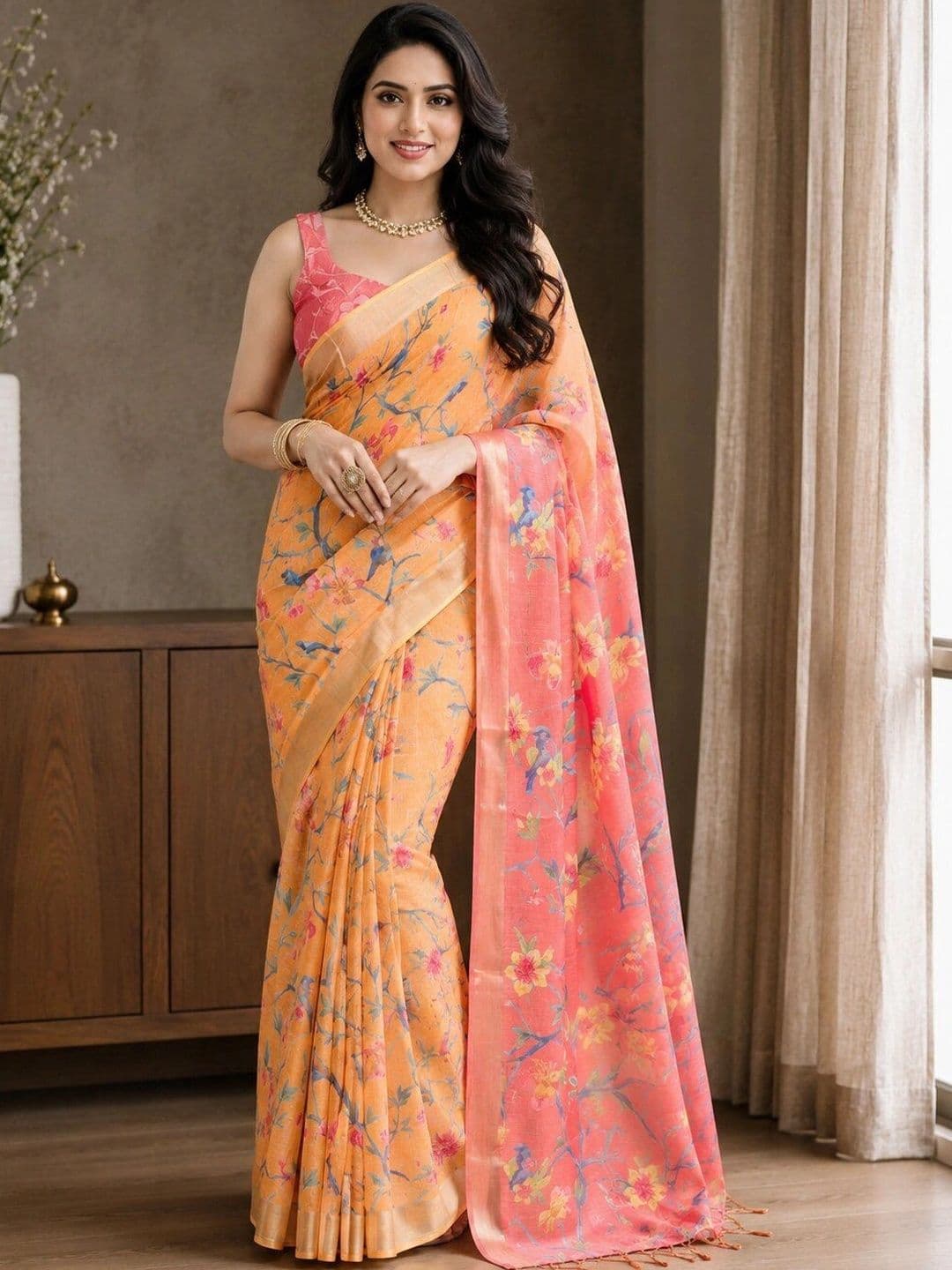 HERE&NOW Floral Linen Blend Bhagalpuri Saree - view 1