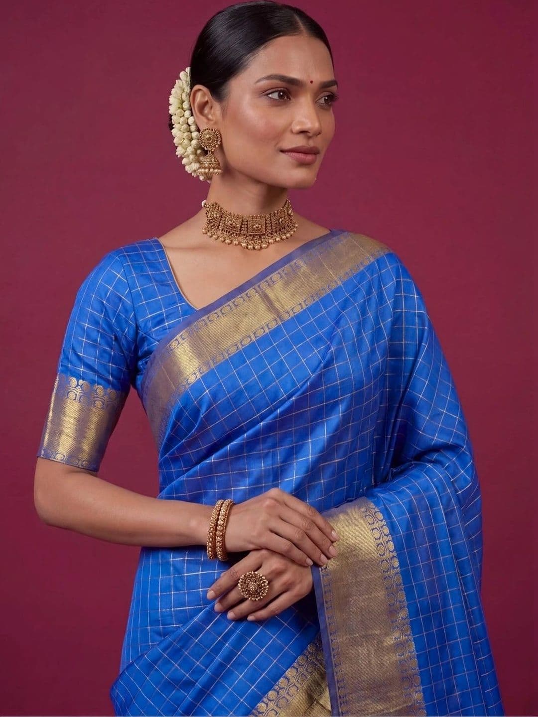 SAMANTHA Checked Zari Silk Blend Bomkai silk Saree thumbnail 5