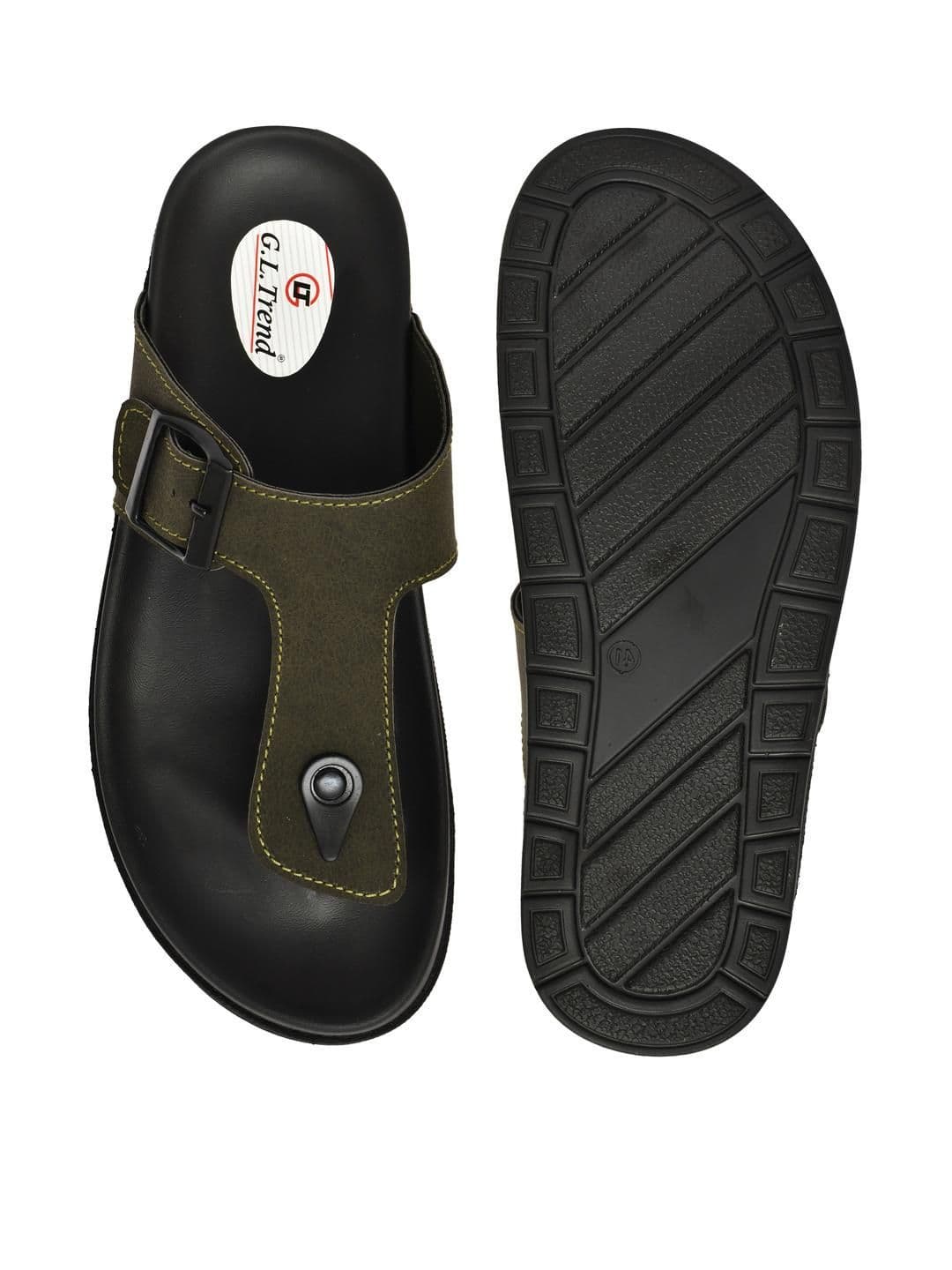 G L Trend Men Water-Resistant Olive Leather Slip-On T-Strap Sandals thumbnail 6