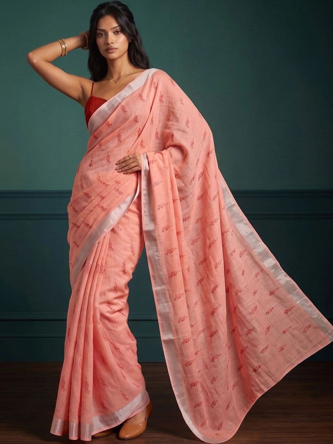 KINDA DESI Floral Zari Pure Cotton Saree thumbnail 2