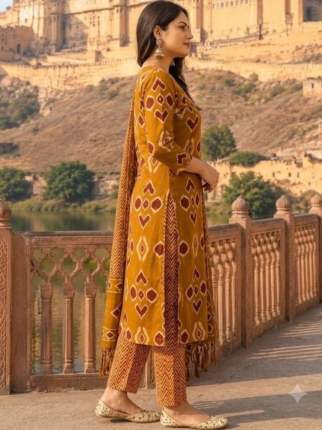 Fabinn Women Ethnic Motifs Printed Regular Pure Cotton Kurta with Trousers & With Dupatta thumbnail 2