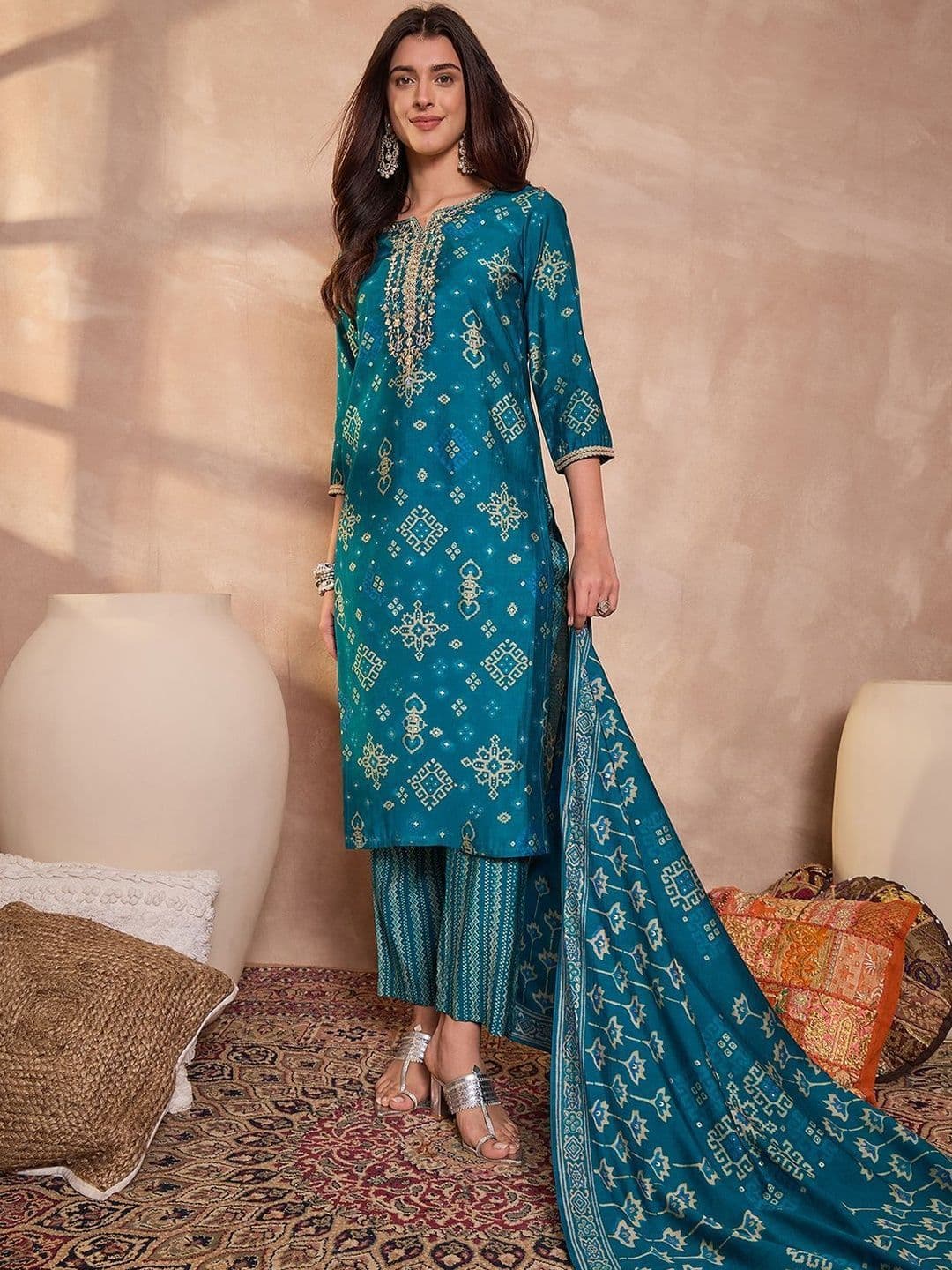 KALINI Women Ethnic Motifs Printed Regular Thread Work Kurta with Trousers & With Dupatta thumbnail 2