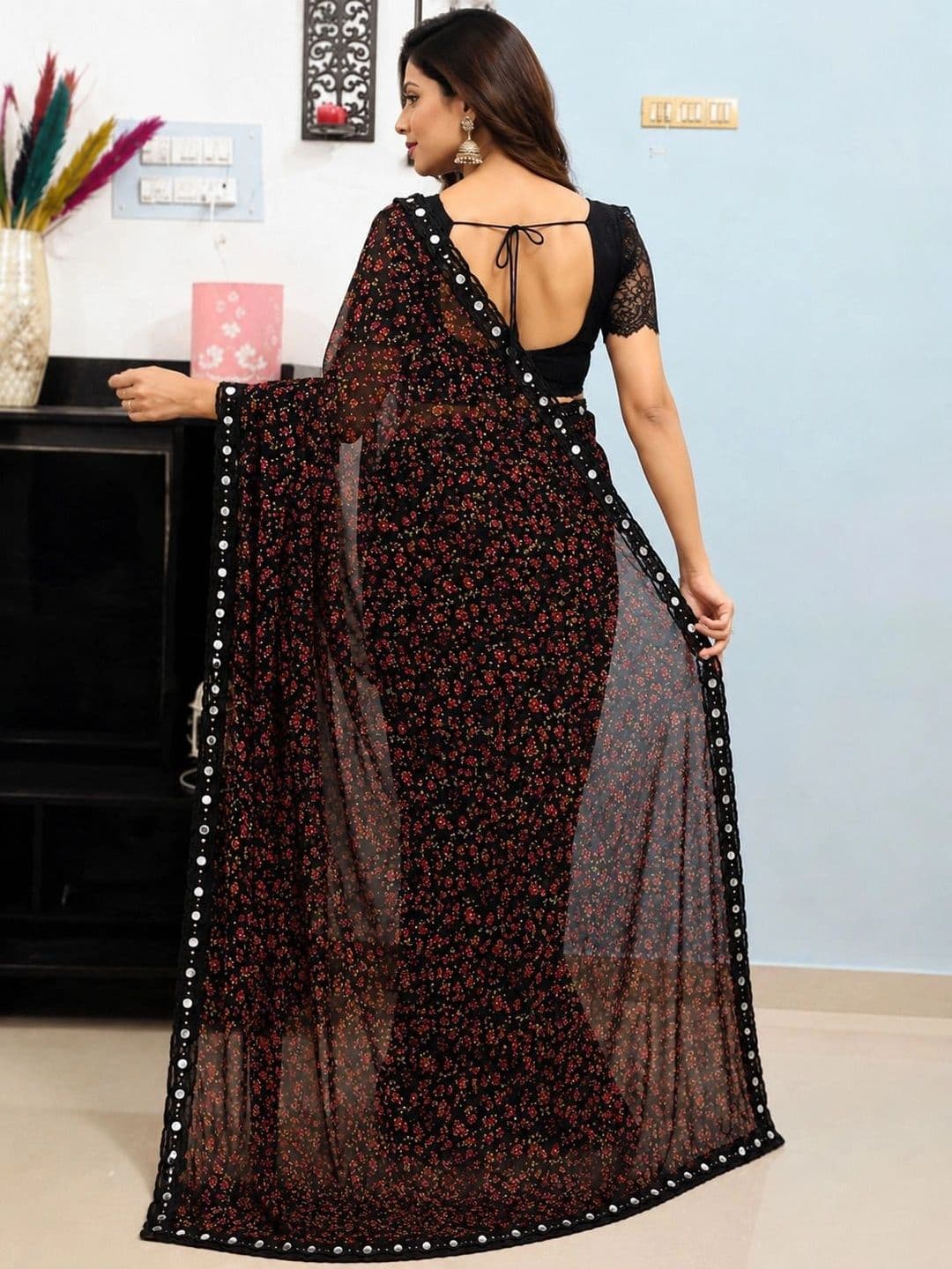 RENBRIZA Floral Mirror Work Poly Georgette Saree thumbnail 5