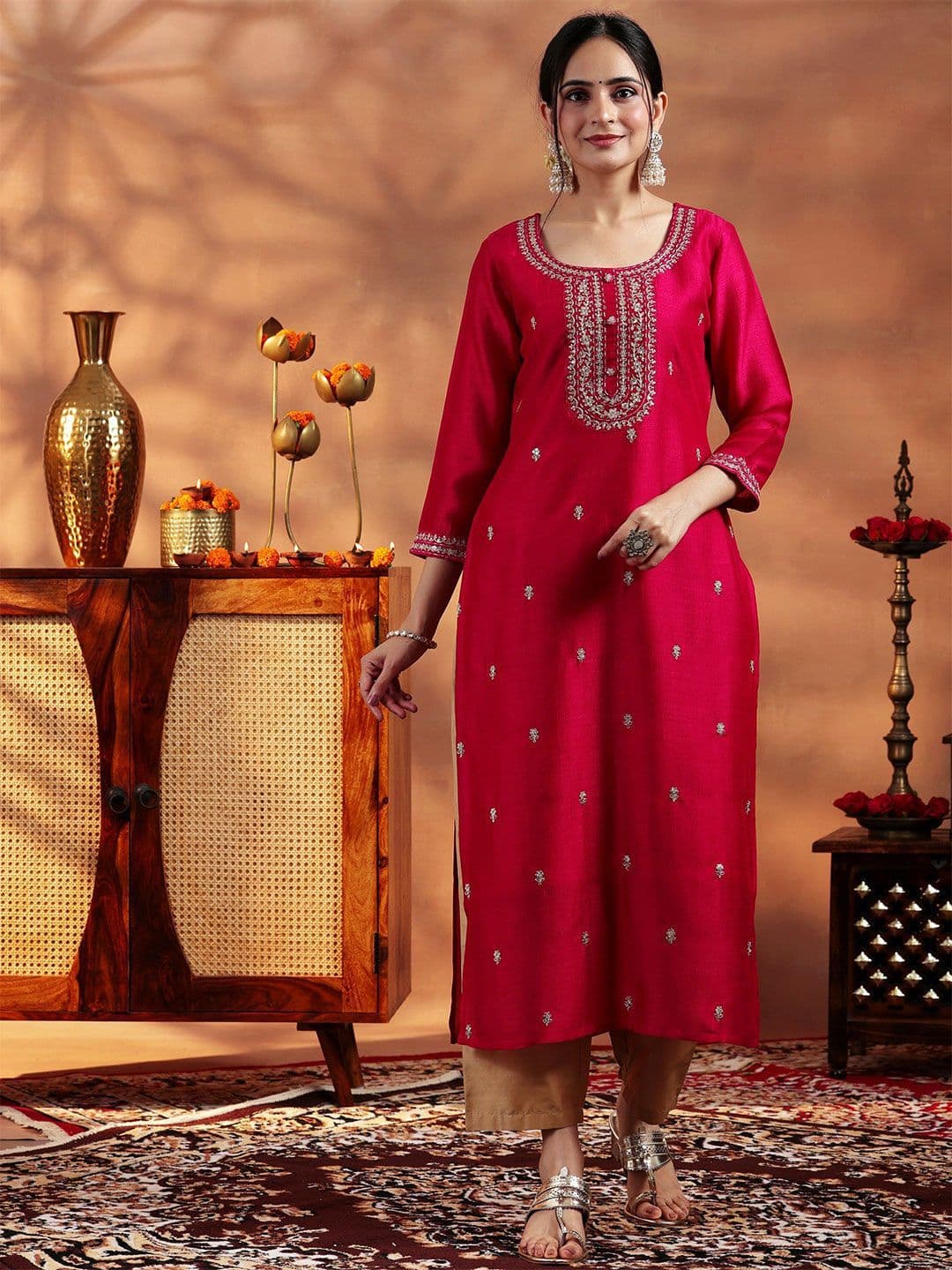 Libas Women Floral Embroidered Round Neck Zari Silk Kurta - view 1