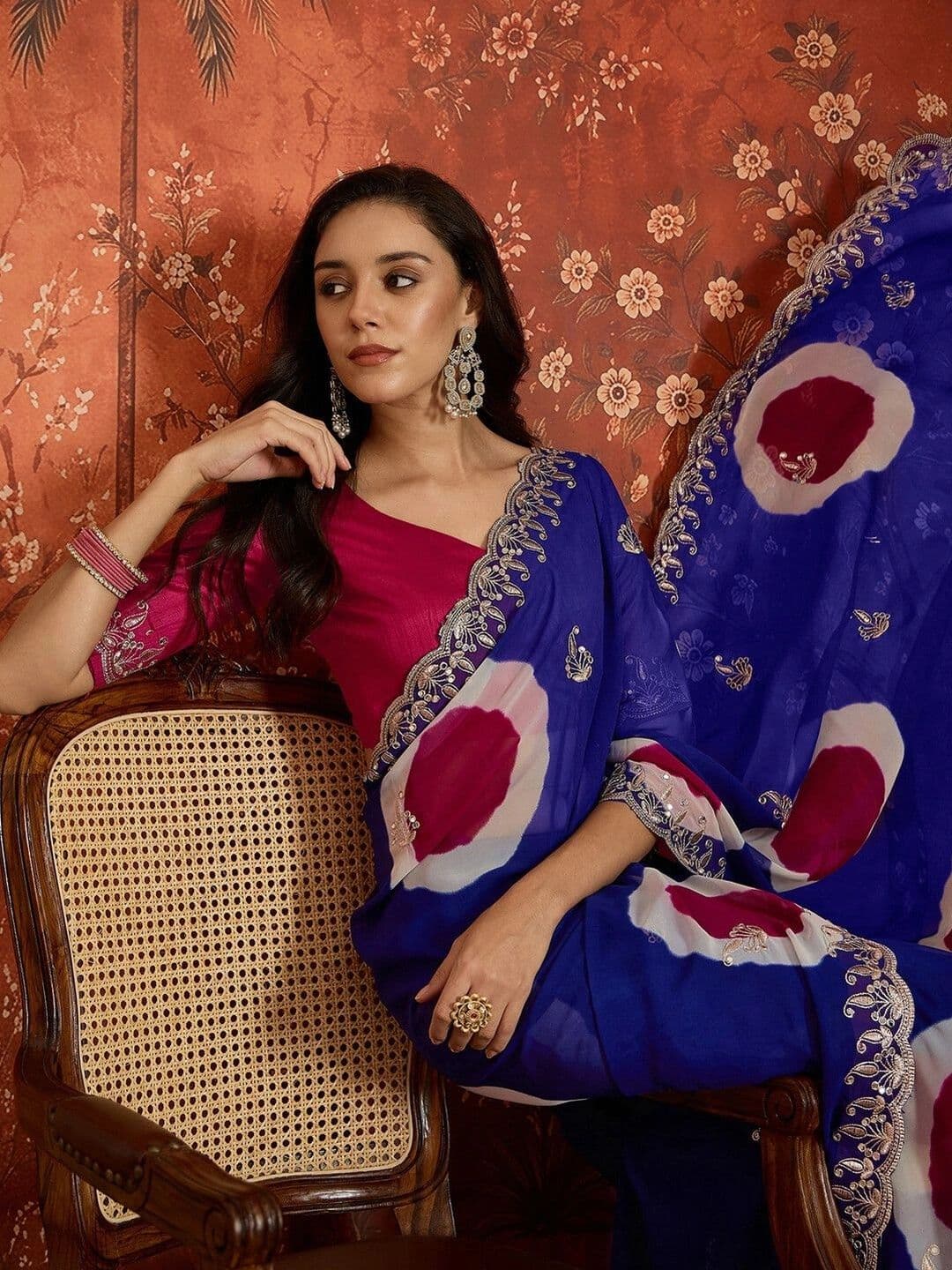 KALINI Tie and Dye Embroidered Pure Georgette Fusion Saree thumbnail 6